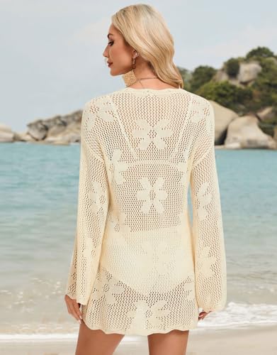 Women’s Crochet Cover Up Summer Long Sleeve Knit Bathing Suit Mesh Tops - image 4