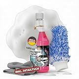 Premium Autoshampoo Konzentrat 1L pH Neutral mit Glanzformel - Auto Reinigungsset mit Waschhandschuh kratz- & fusselfrei für Lack, Glas & Felgen - Inkl. Detailtuch. Auto waschen Set - Made in Germany