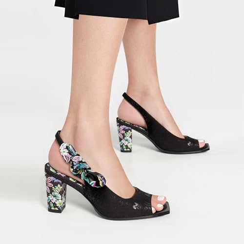 Women's Floral Print Chunky High Heel Peep-Toe Strappy Sandals Slingbacks Bow Summer Footwear Pumps Shoes4