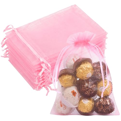Image of 50PCS Pink Organza Bags 5x7, Small Gift Bags for Women, Cute Mesh Drawstring Pouches Mini Sheer Goodie Baggies for Her Birthday Graduation Wedding Bridal & Baby Shower Party Favors Gifts