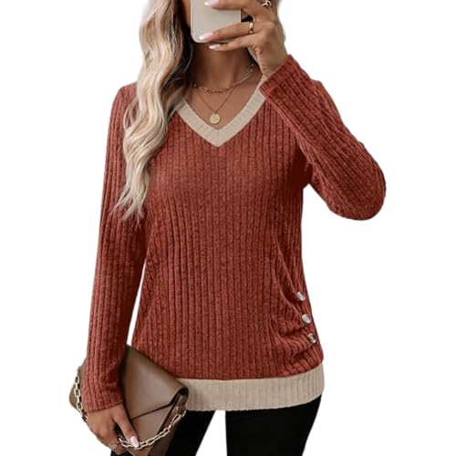 V Neck Long Sleeve Shirts Ribbed Knit V-Neck Button Side Sweaters - image 5