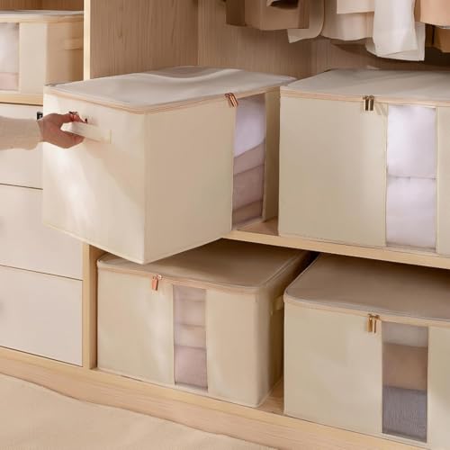 Image of JD FRESH 6 Pcs 30 Liters Foldable Cloth Organizer with Transparent Window /Multipurpose Storage Box with Handles /Almirah Organizer /Wardrobe Organisers for Clothes /Sarees /Bedsheets -Beige
