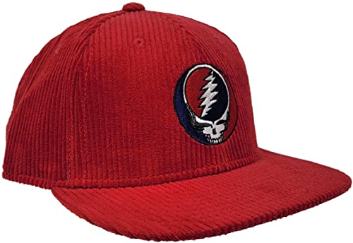 Image of Ripple Junction Grateful Dead Embroidered Steal Your Face Hat Retro Red Corduroy Adjustable Flat Bill Officially Licensed