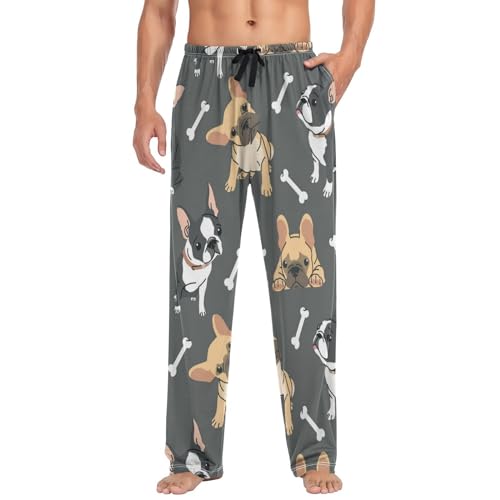 Black Brown French Bulldog Puppy Mens Cotton Pajama Pants, S M L XL XXL2