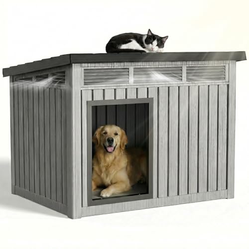 Large Dog House Outdoor Weatherproof & Indoor Doghouse Open Slanted Roof for Easy Cleaning Water-Resistant Spacious Interior with Large Opening Easy Assembly Casa para Perros(Grey)