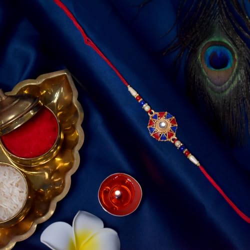 Image of Oblivion Raksha Bandhan Gift Set for 2 Brothers | 1 Murli Design Rakhi and 1 Round-Shaped Designer Rakhi | 2 Best Bro Badges, Roli Chawal, Metal Shubh Labh Coin and Greeting Card