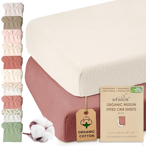 Image of Infancie 100% Organic Cotton Muslin Crib Sheets (Set of 2) – Soft & Breathable Fitted Sheets for Boys and Girls, Neutral Colors – Fits Standard Baby Crib Mattress (28 x 52 Inches) Rust/Ivory
