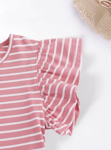 Image of Girls Striped Shirt Flutter Sleeve Top Crewneck Cute Summer T Shirts Casual Tees Pink Stripe 11-12Y