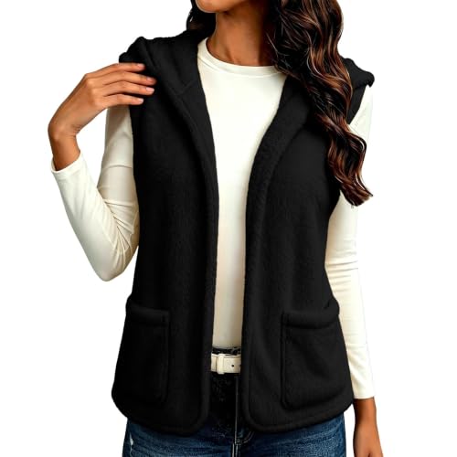 Womens Fuzzy Fleece Vest Hooded Open Front Patch Pockets Casual Fall Layer - image 3
