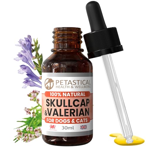 Petastical Skullcap Valériane, Chat Chien Calmant, Gouttes Calmantes Anxiété, Seul à la maison, aboiements, Bruits Forts, Feux d'artifice, Voyage (30ml)