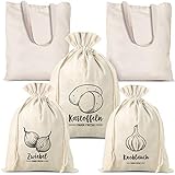 ✅ [ 5-er Set Gemüsebeutel ] 1 Stück Kartoffelbeutel: 35x50cm + 1 Stück Zwiebelbeutel: 30x40cm + 1 Stück Knoblauchbeutel: 22x30cm + 2 Stück 100% Baumwolltasche: 38x42cm mit Langen Henkeln (Natur) 140 g/m2