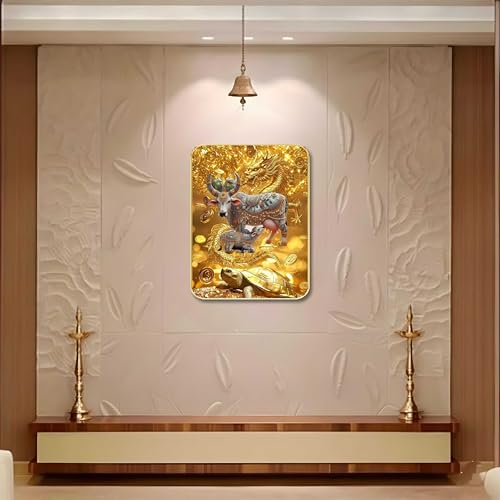Image of SAF Kamdhenu Cow Wall Art with Table Top Stand & Wall Hanging Hole | Vastu Kamdhenu MDF Religious Painting for Wealth Prosperity Home Mandir Decor
