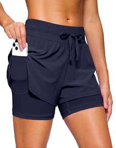Soothfeel Womens 2 in 1 Running Shorts 5 Athletic Shorts High Waisted Workout Gym Tennis Exercise Shorts with Liner Pocket Navy M