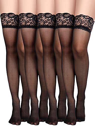 4 Pairs Women Silky Thigh High Stockings Lace Sheer Tights for Halloween (Black)