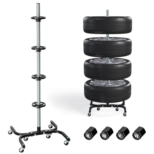 Felgenbaum XL fahrbar für Autoreifen bis 295mm – Reifenständer belastbar bis 150kg inkl. Reifen Markierer – Reifenbaum mit Rollen & Feststeller – Felgenständer für 4 Reifen/Felgen 16-24 Zoll