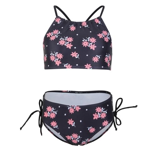 Yhong Traje de baño de dos piezas ajustable para niñas con estampado triangular, traje de baño de playa de 7 a 14 años, Negro , 146/152 cm