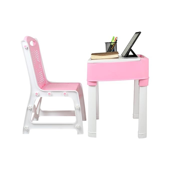 KITCHIVO™ Kids Functional Desk Chair Set 3-12years Boys Girls/Kids Study Table with Height Adjustable/Study Table with Bookholder (Pink & White) 2