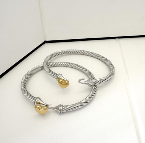 Adjustable Twist Stainless Steel Cable Wire 14K Gold Plated Love Heart Charm Bracelets Friendship Open Bangle Wrist Cuff for Women Men4