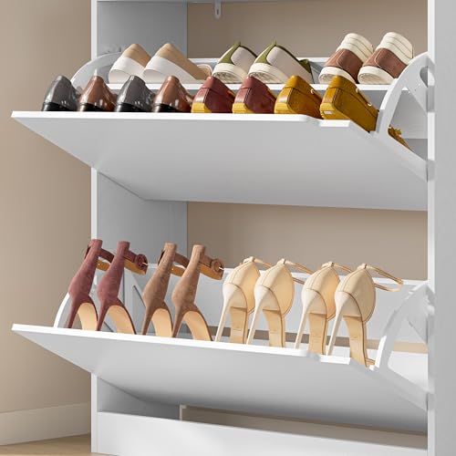 Image of BORNOON Shoe Cabinet with 2 Flip Drawers, Slim Narrow Shoe Storage Cabinet, Freestanding Shoe Organizer with Adjustable & Removable Shelves, Top Display Shelf for Entryway, Hallway, Foyer, Closet