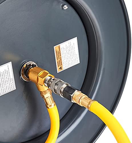 AmazonCommercial Retractable Air Hose Reel, Heavy-Duty Steel, 9.5 mm x 15 m Hybrid Polymer Hose, Max. 20 BAR - Grey, Yellow, Black
