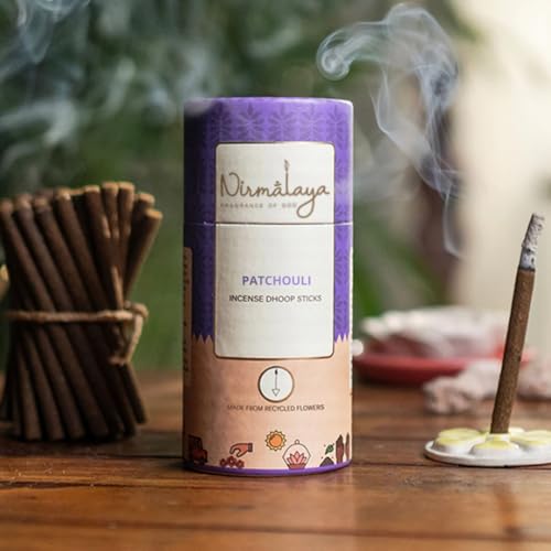 Image of Nirmalaya Premium Bamboo-Less Dhoop Sticks | 100% Natural Organic | with Ceramic Stand | Long-Lasting fragrances for Pooja, Meditation, Yoga and Aromatherapy (Patchouli)