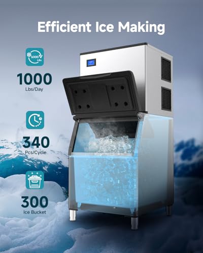 Image of EUHOMY Commercial Ice Maker Machine,1000lbs /24H,Industrial Ice Machine with 300lbs Storage Bin,Ice Ready in 10-15 Mins,SECOP Compressor&ETL,Stainless Steel Ice Maker for Bar /Cafe /Restaurant /Business