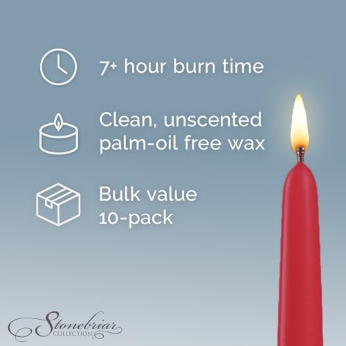 Image of Stonebriar Unscented Taper Candles - 7 Hour Burn Time, Long-Lasting Wax Candles for Weddings, Holidays, Home Decor & Special Events, Pack of 10, Red, 10 inch