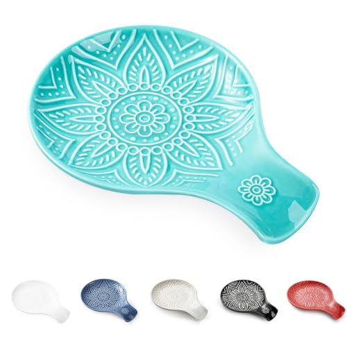 Image of Ceramic Spoon Rest, 7.48 Inches Spoon Holder for Kitchen Counter, Kitchen Accessories, Dishwasher Safe, Turquoise