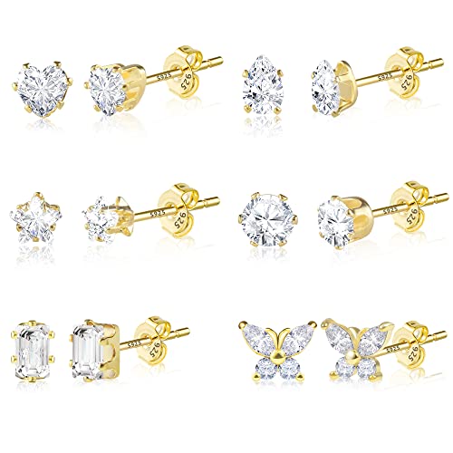 6 paires de boucles d'oreilles or pour femmes filles, boucles d'oreilles en argent sterling 925, petites boucles d'oreilles à tige avec fleur papillon, boule bleue, boule de diamant, triangle Cover