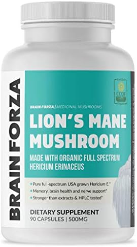 Brain Forza Organic Lion's Mane Mushroom Capsules, Natural Supplement for Memory Support, Focus, Clarity, Nerve Health, Non-GMO, Vegan, Organic, 90 Capsules