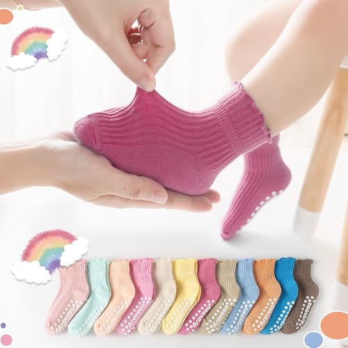Aroveea Baby Kleinkind Socken mit Griff & Rüsche Anti-Rutsch Jungen Mädchen Baumwolle 12Paar für 1-3 Jahre Kinder Knöchel Süße Socken 6M-7Jahre