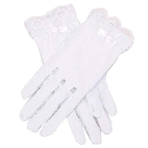 Girls White Lace Covered Communion Flower Girl Gloves 4-16