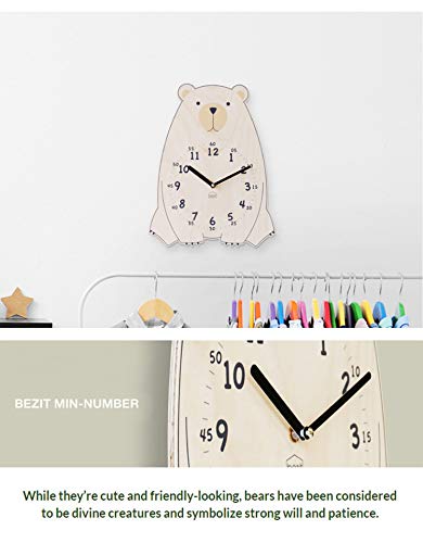 Silent Kids Wall Clock - Non-Ticking, Decorative, Cute Wooden Clock For Nursery, Children, Toddler, Baby Room, Battery Operated - Bear, Unicorn, Owl #TOP3