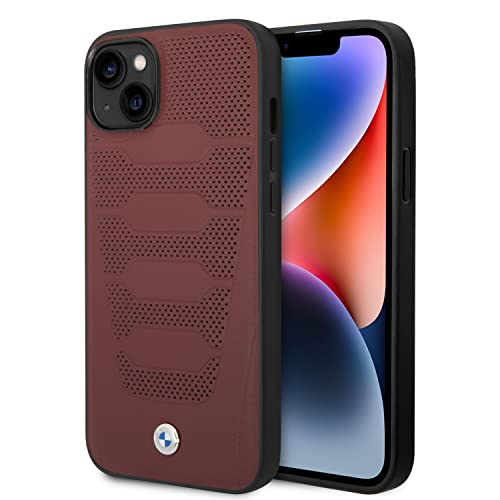 CG MOBILE BMW Coque de protection pour iPhone 14 Signature Collection en cuir véritable avec sièges perforés Bordeaux Étui de protection durable avec encliquetage facile à encliqueter, absorption des