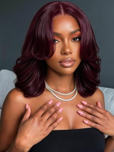 Image of KLAIYI Black Cherry Bob Loose Body Wave Precut 7x5 HD Lace Front Wigs Human Hair Glueless Bye Bye Knots Drawstring Red Burgundy Wig with Curtian Bang Pre Plucked Bleached Ready to Put On And Go 10Inch