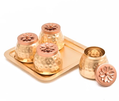 Image of Sanvatsar Square Shape Metal Basket with Jar Tray 4 Copper Flower Container Dry Fruits Chocolate Sweets Candys Gifts Set for Office, Home Decor Table Decoration Item (Pack of 4 Tray Plain)