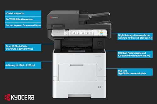 Kyocera Ecosys MA5500ifx/Plus Multifunktionsdrucker Schwarz Weiss, 55 Seiten pro Minute. Drucker Scanner Kopierer, Fax. Touchpanel, LAN und Mobile Print, inkl. 3 Jahre Full Service Vor-Ort