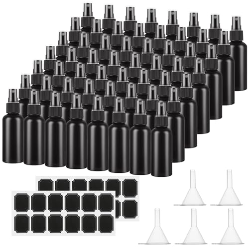 60 Pack 2oz Plastic Spray Bottles Small Empty Fine Mist Spray Bottle Black Bottles for Essential Oils, Bath, Beauty, Hair & Cleaning, Small SprayBottles for Travel, With 5 Funnels