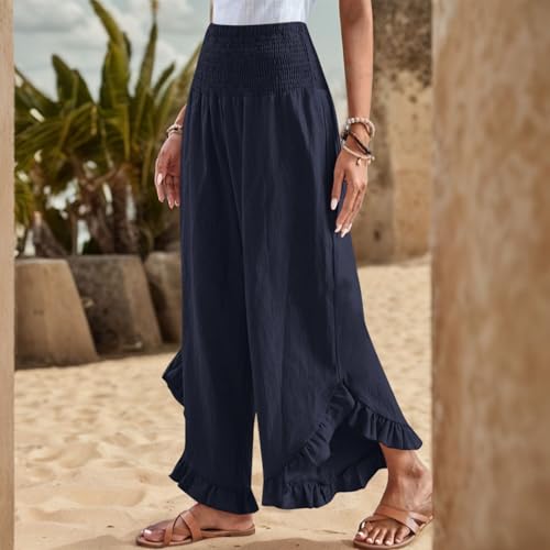 Wide Leg Linen Pants Women Boho High Waisted Ruffle Palazzo Pants Flowy Summer Resort Wear Vacation Beach Trousers4