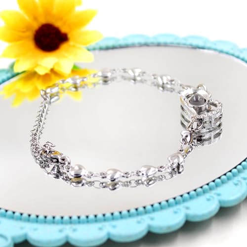Image of Uloveido Cute Stainless Steel Heart Link Chain Bracelet | 100 Different Languages I Love You Projection Bracelets for Women Girls