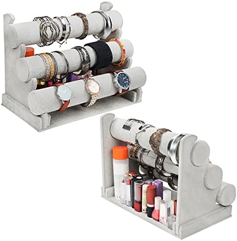 Kurtzy Grey Velvet Bracelet Display Stand (3 Tier) - L30 x W17 x H23cm / 11.81 x 6.69 x 9.06 Inches - Removable Jewellery Organiser Rack - Watch, Bangle, Anklet, Scrunchie, Hair Band & Necklace Holder