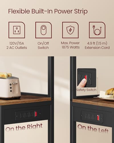 Image of VASAGLE BARNET Collection - Kitchen Bakers Rack with Power Outlet, 31.5-Inch Wide Coffee Bar 4-Tier with 8 S Hooks, Modern Microwave Stand, Adjustable Shelf, Rustic Brown and Ink Black UKKS029KD01