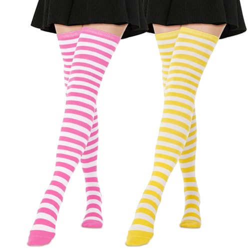Image of AQOKKA Extra Long Thigh High Socks for Women Striped Over Knee Thigh Socks Long Boot Thigh High Stockings Leg Warmers