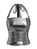 Floerns Women's Sparkly Metallic Clubwear Halter Tie Neck Sleeveless Ruched Tank Top Silver X-Large
