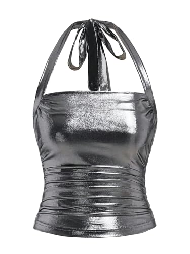 Floerns Women's Sparkly Metallic Clubwear Halter Tie Neck Sleeveless Ruched Tank Top