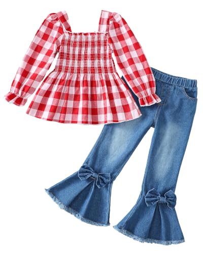 Image of Kucnuzki Toddler Kids Girl Clothes Long Sleeve Shirt Tops Baggy Jeans Cute Pants Set Baby Girl Outfit 2 Piece Clothing