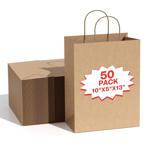 Image of Simple Deluxe 50-Pack Kraft Paper Bags with Handles (10x5x13 Inch) - 100% Recycled Natural Brown Shopping Bags for Retail, Gifts & Merchandise - Made in USA, 90GSM Thick