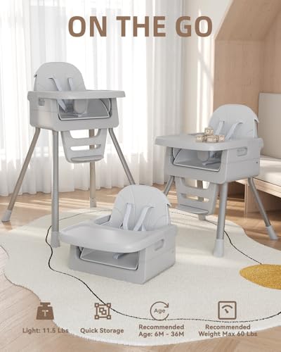 Image of Baby High Chair for 6 Months+, Foldable High Chairs for Babies and Toddlers, Convertible High Chair, Adjustable Tray & Footrest, Portable High Chair & Easy to Clean(Gray)