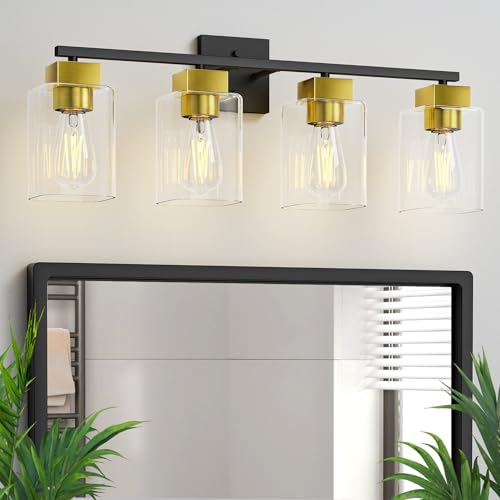 Image of 4 Light Bathroom Vanity Light - Black and Brushed Gold Bathroom Light Fixtures UL Certification, Square Light Fixture Over Mirror, Farmhouse Light Fixtures for Bathroom & Bedroom