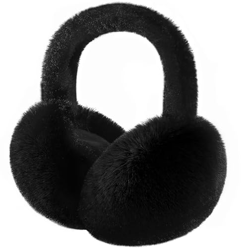 Premillow Ear muffs for Women Winter, Faux Fur Earmuffs, Cute Foldable Fluffy Ear Warmers Winter Accessories, Soft Warm Cold Weather Ears Covers for Women Men, Black